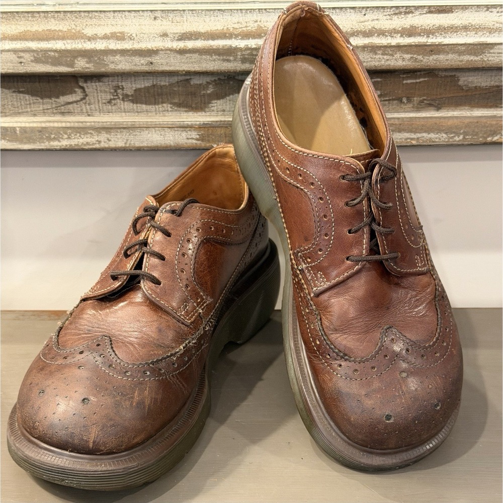 VTG 1990's Dr. Martens Brown Leather Wingtip Brogue Shoes Made In England Sz UK5